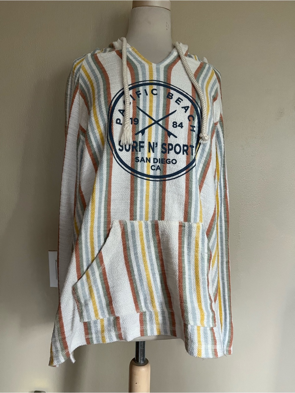 MV Sport Striped Crewneck Hoodie - White with Rust, Yellow & Gray Stripes